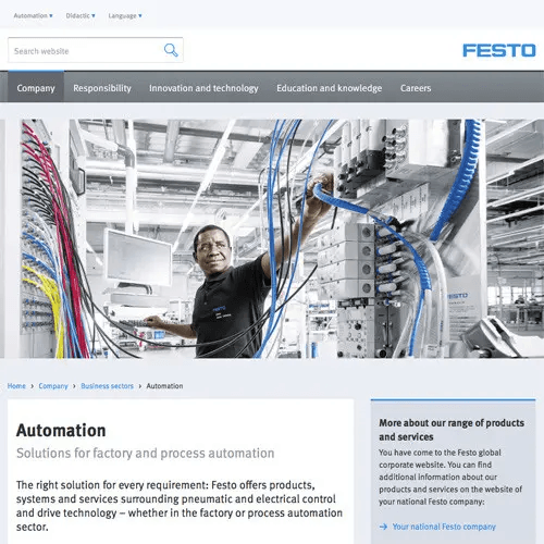 International SEO für globale Festo Website: Blick auf die neue US-amerikanische Festo-Website.